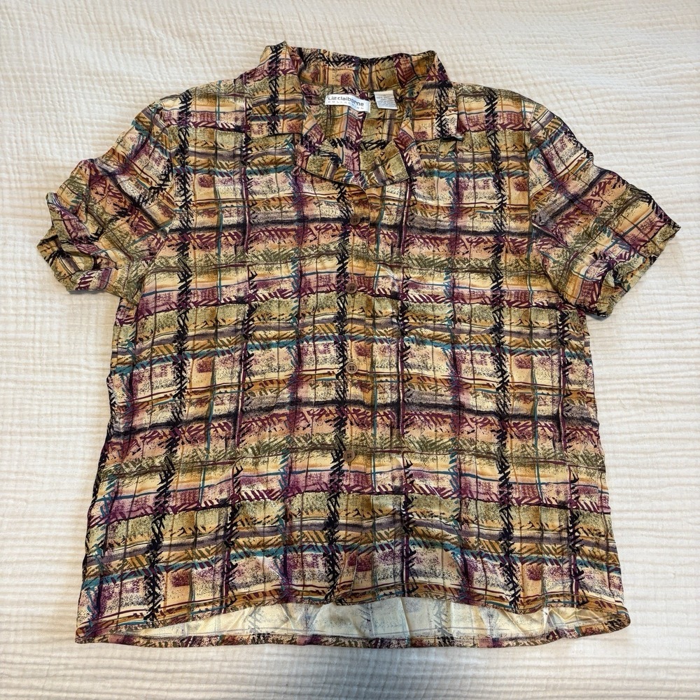 VTG Liz Claiborne 100% Silk button‎ Front top Women's Sz 4 Brown (80's-90's)